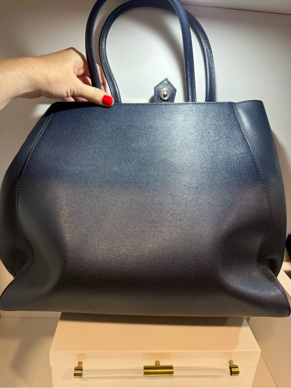 Fendi Navy Blue Grained Leather Tote